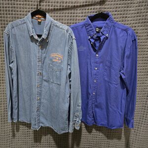 (2) Denim Canvas Work Shirts Lg Unisex Logo Button Collared Long Sleeve Cotton